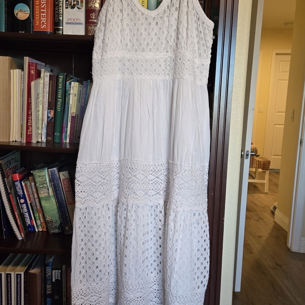 White Eyelet And Crochet Tiered Maxi Dress
